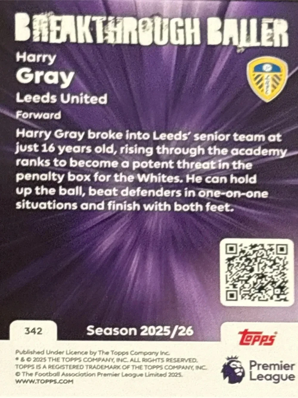 Topps Soccer Trading Card - Breakthrough Baller Harry Gray Rookie